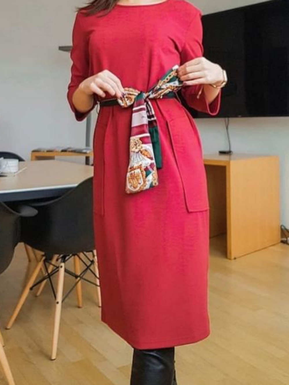 Women’s Red Knee-Length Belted Dress